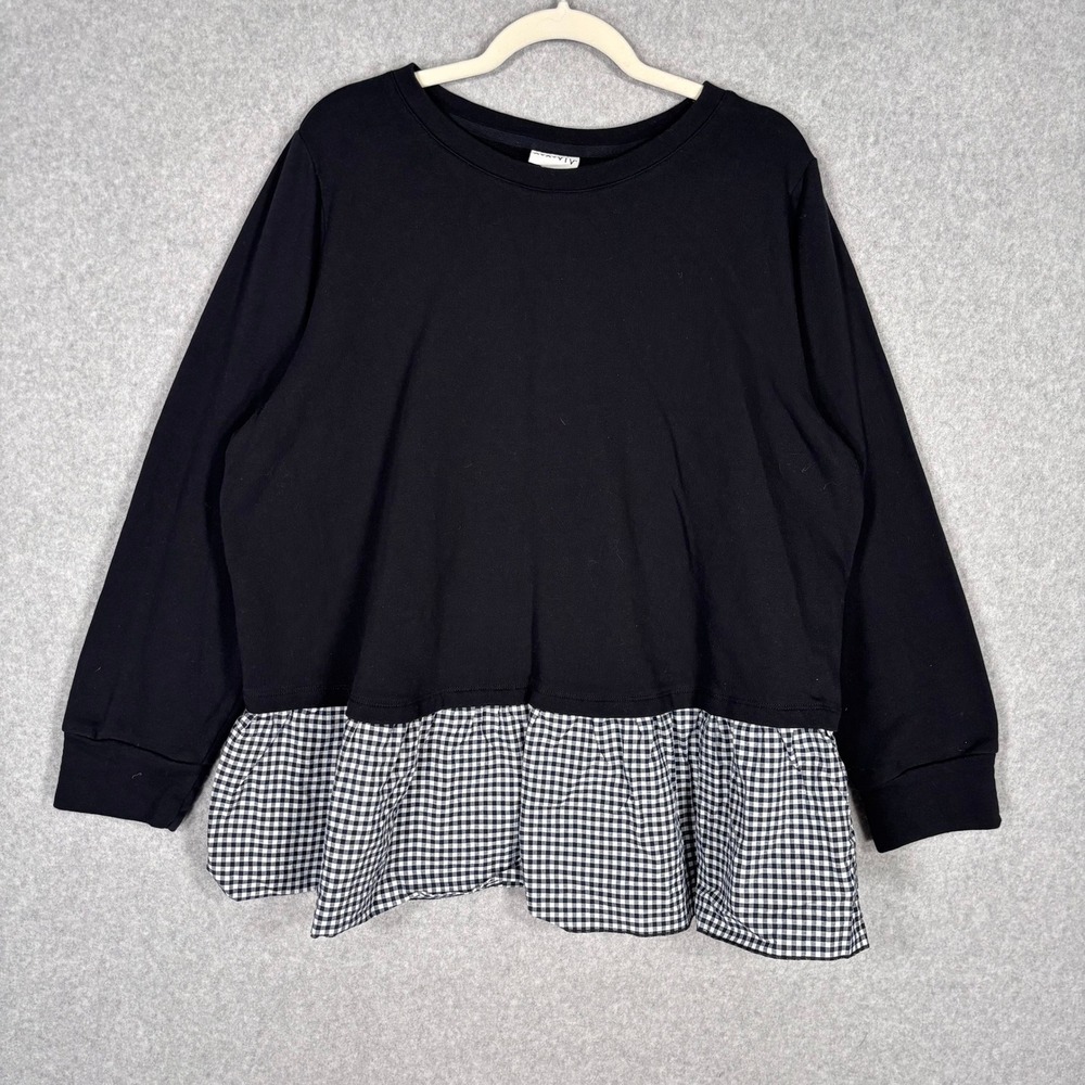 Ava Viv Gingham Peplum Sweatshirt 2X Black Navy‎ Ruffle Cottage Country Comfy